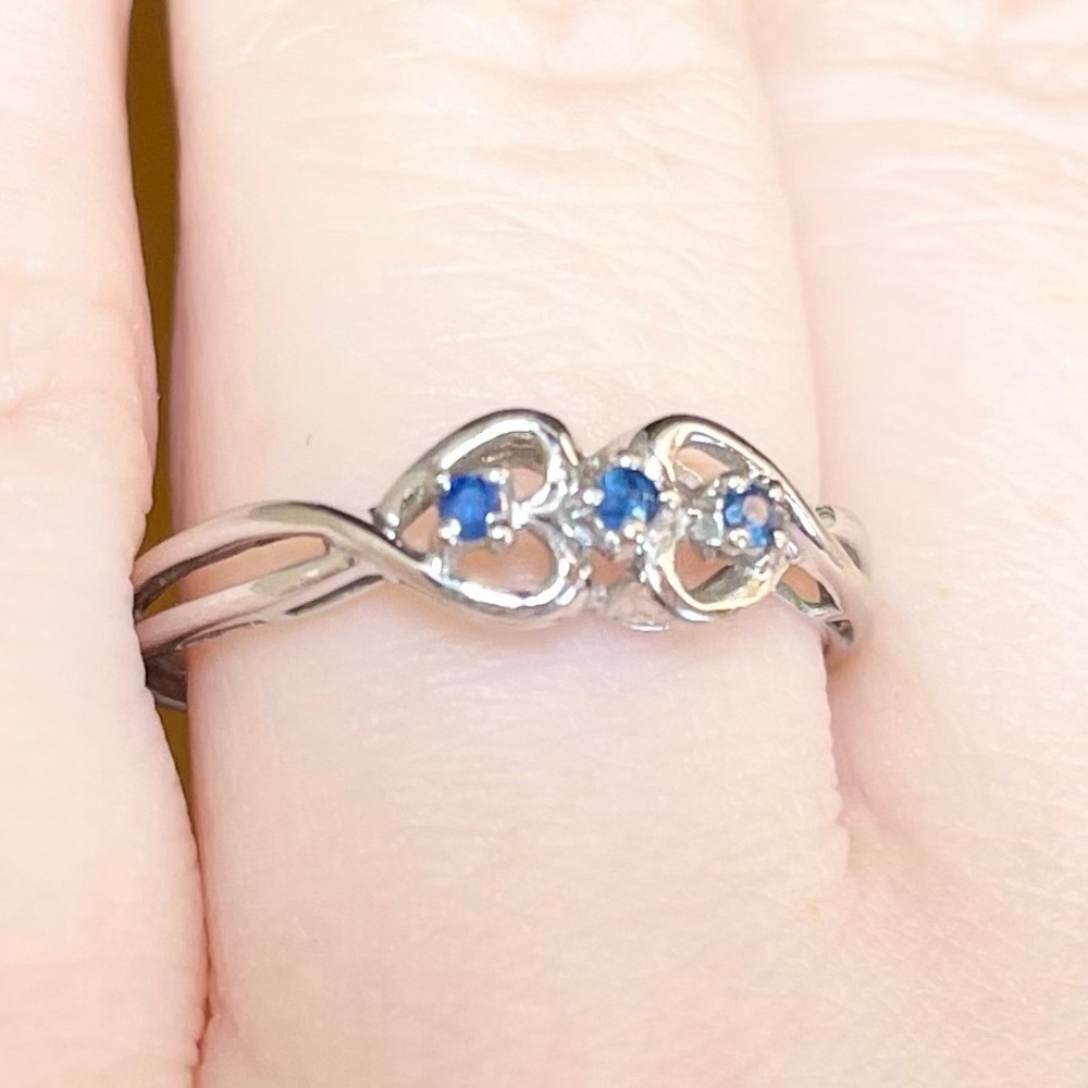 14k solid white gold filigree blue sapphire triplet double heart stateme…